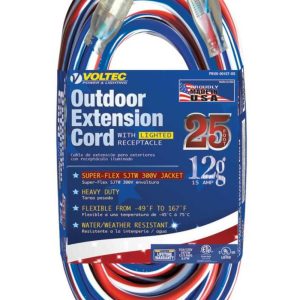 Voltec Extension Cord 25′ 12/3 SJTW Red/White/Blue with Lighted End